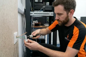 TV aerial specialist connecting up a cat 6 socket