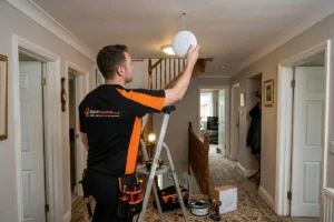 Engineer installing a unifi wifi access point in Bristol