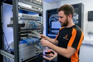 Engineer working on a network rack in Bristol