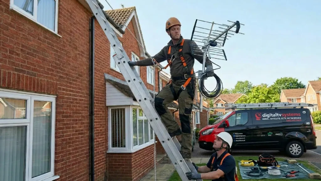 TV-Aerial-installer-climbing-ladder Professional TV aerial installation, engineers on a ladder about to install an aerial on to a roof